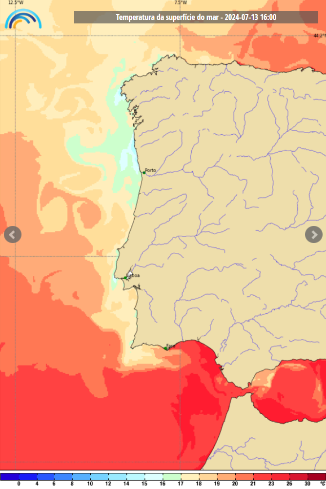 Tempo no fim-de-semana 13-14 de Julho - Fim-de-semana com "duas caras" - Informação geral e informação para as praias - Previsão completa Temperatura da água do mar Sábado 13 de Julho - IPMA