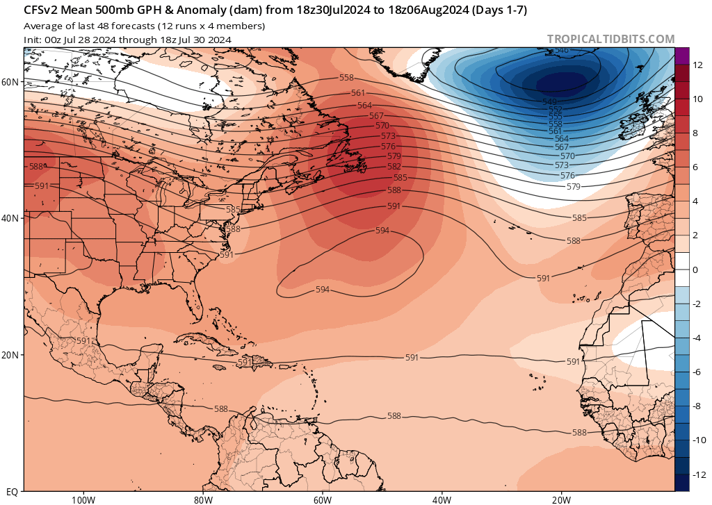 Tempo em Agosto de 2024 - Poderemos ainda ter o período mais quente do ano? Saiba como pode ser o último mês do Verão - Previsão completa Tempo na primeira semana de Agosto - CFSv2, geopotencial