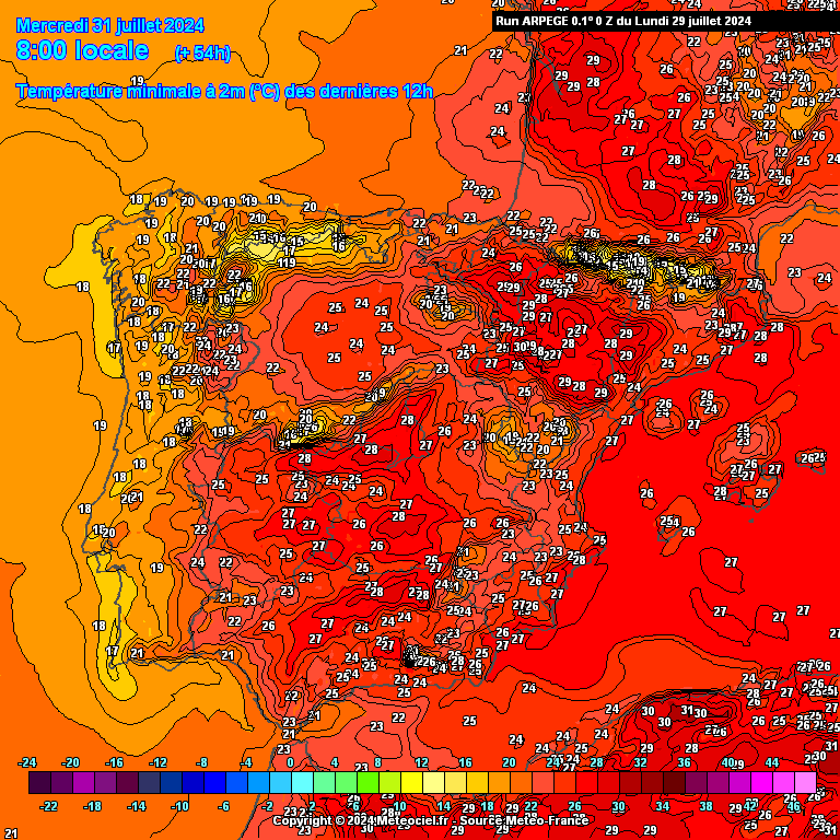 Tempo na Quarta, 31 de Julho - Neblina nas praias (água quente?) e vento mais forte - saiba como poderão estar as temperaturas! Temperaturas na Quarta, 31 de Julho - Previsão do modelo ARPEGE