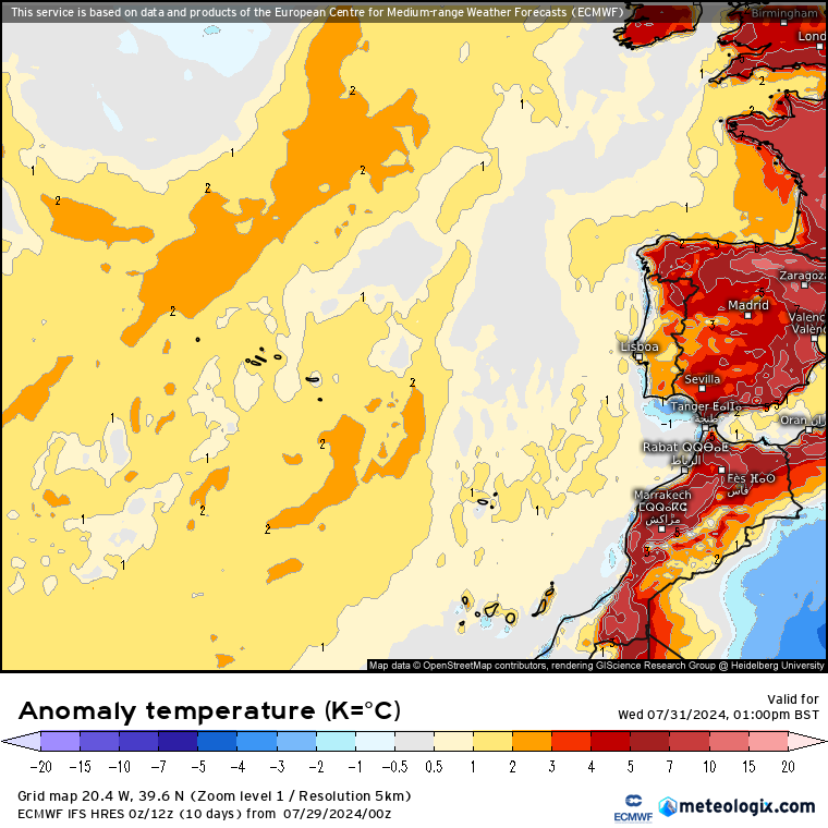 Tempo na Quarta, 31 de Julho - Neblina nas praias (água quente?) e vento mais forte - saiba como poderão estar as temperaturas! Anomalia de temperatura em Portugal - ECMWF