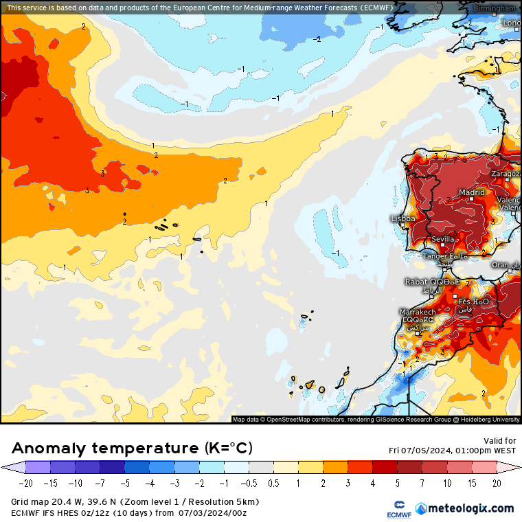 Tempo na Sexta, 5 de Julho - Depressões mais próximas, e descida da temperatura antecipam nova mudança do tempo... - saiba a previsão! Anomalia de temperaturas na Sexta, ECMWF