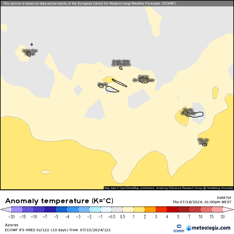 Tempo na Quinta, 18 de Julho - Muito calor no Interior, e algumas poeiras - chegará ao litoral? Saiba a nossa previsão completa! Anomalia de temperatura na Quinta, 18 de Julho - Tempo nos Açores