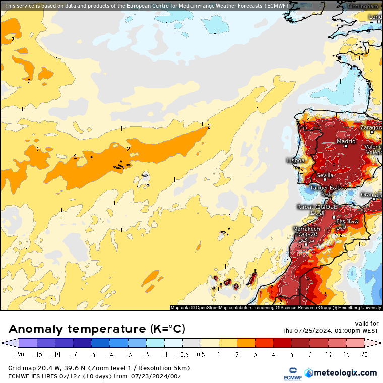 Tempo na Quinta, 25 de Julho - Regresso da neblina persistente, e forte nortada - Saiba como estarão as temperaturas! Anomalia de temperatura - Previsão ECMWF