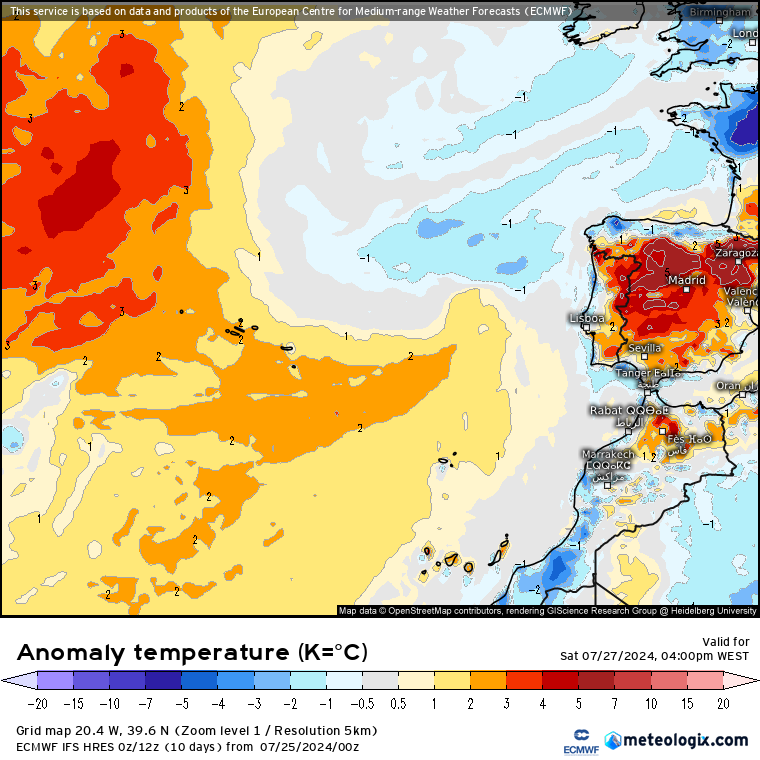 Tempo no Sábado, 27 de Julho - Desce a temperatura, aproveite para arejar a casa antes do que poderá vir, novamente... Previsão completa! Anomalia de temperatura no Sábado, 27 de Julho