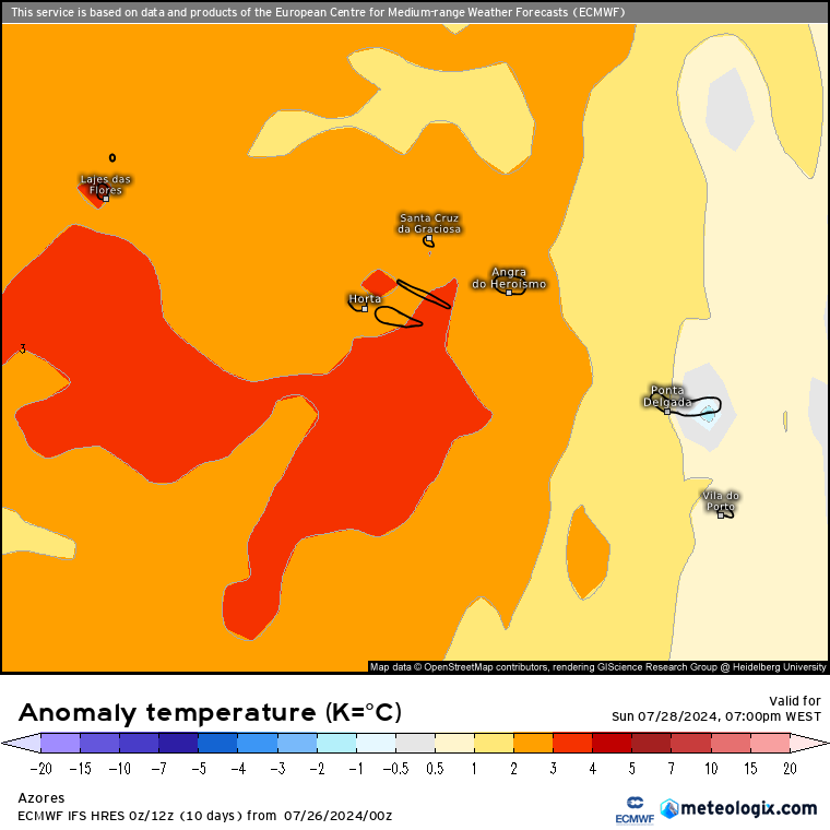 Anomalia de temperatura nos Açores - Domingo 28 de Julho