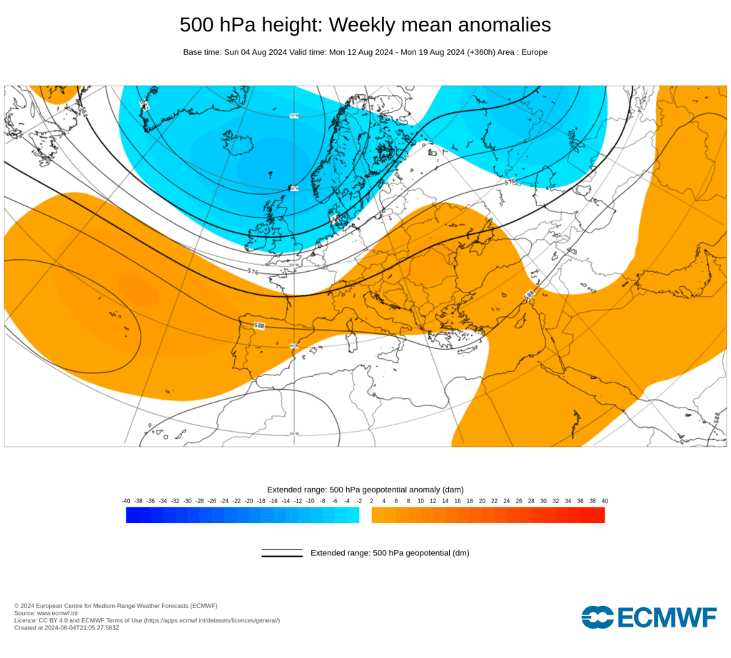 Tempo na Quarta, 7 de Agosto - Mais calor no litoral Norte, rotação do vento para leste - Como estará o tempo para praia? Saiba a nossa previsão completa! ECMWF - Geopotencial 12 a 19 de Agosto