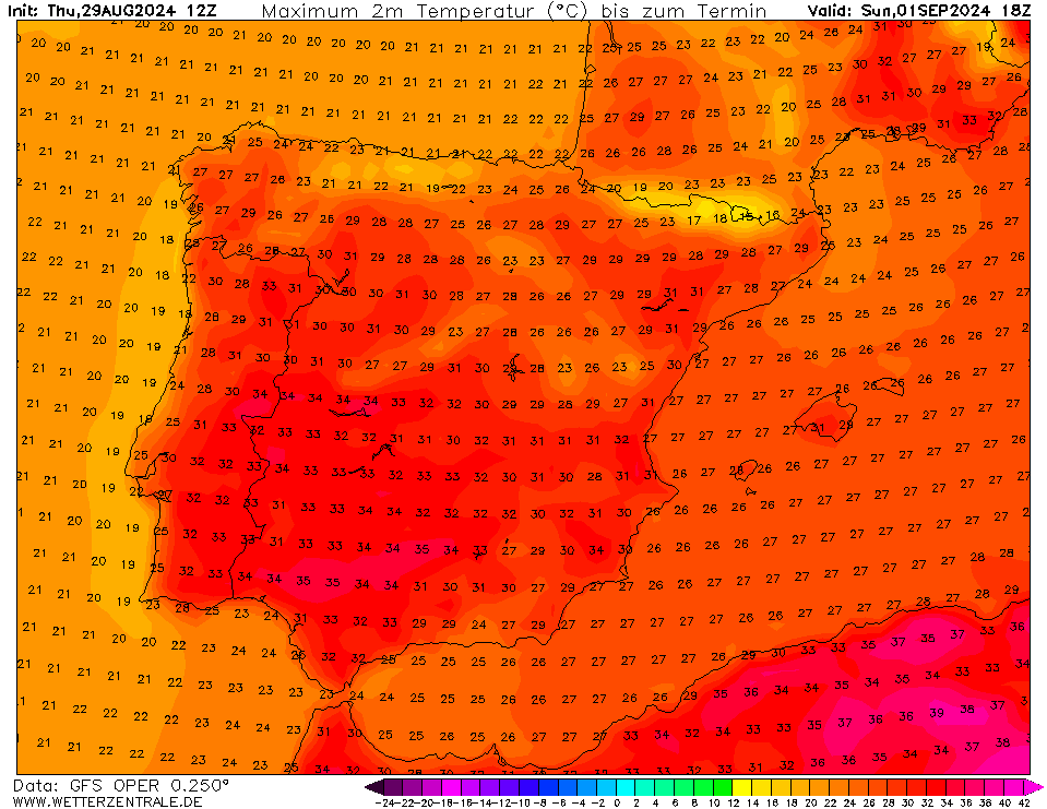 Temperaturas máximas Domingo, 31 de Agosto