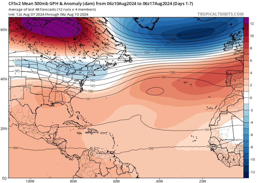 Tempo esta semana 12 a 18 de Agosto - previsão de geopotencial pelo modelo CFSv2 10 a 17 de Agosto