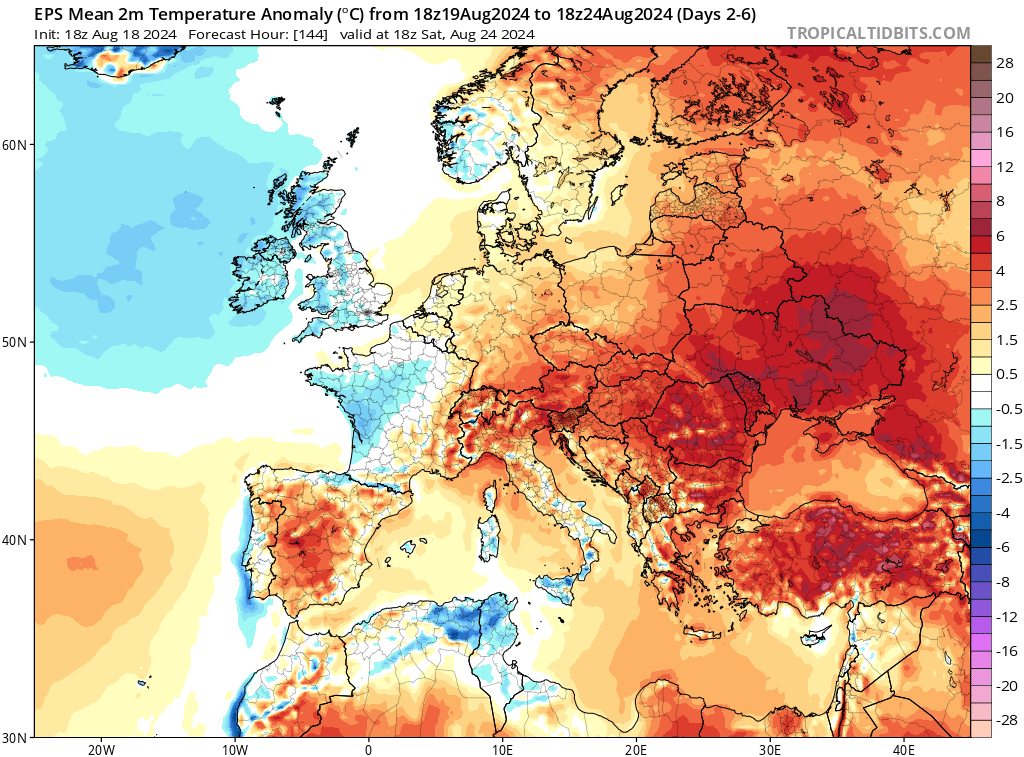 Tempo na Terça, 20 de Agosto - Atenção ao vento muito forte de Norte (nortada)! Calor só no Interior - saiba como vai estar na sua região! EPS 19 A 24 DE AGOSTO - ANOMALIA DE TEMPERATURA