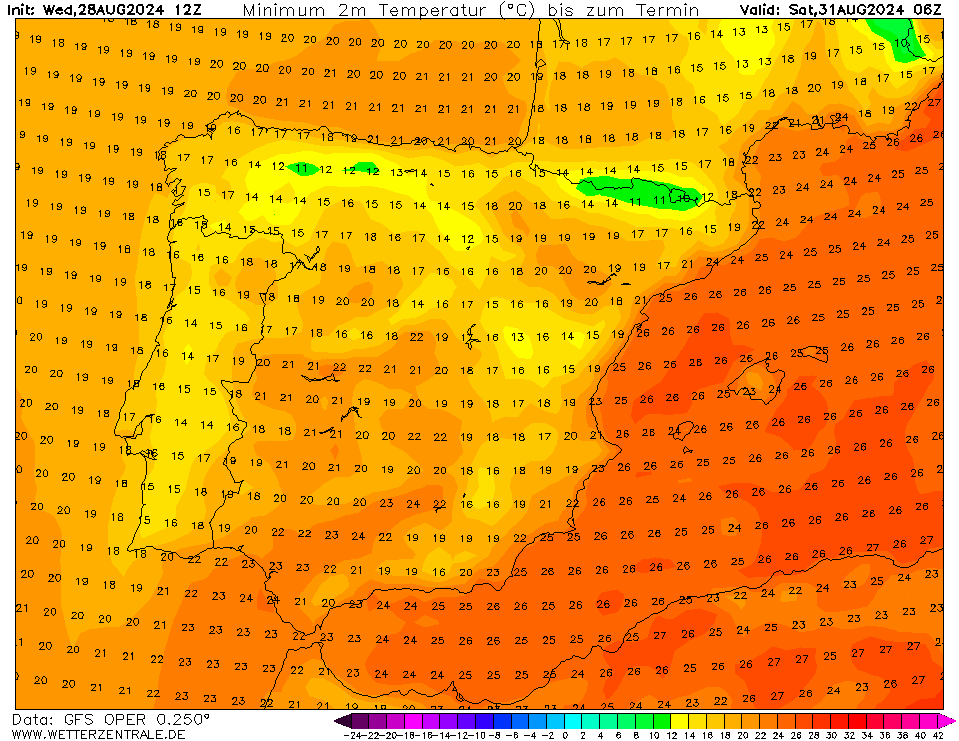 Temperaturas no Sábado, 31 de Agosto - GFS