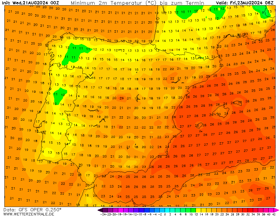 Temperaturas na Sexta 23 de Agosto GFS