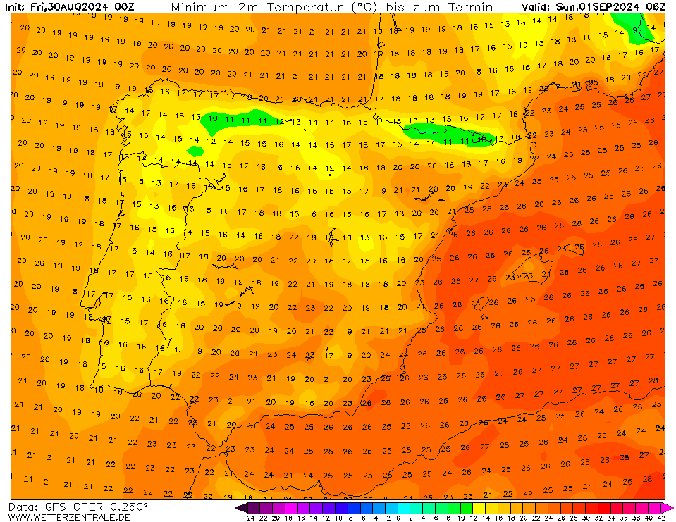 Temperaturas no Domingo, 1 de Setembro
