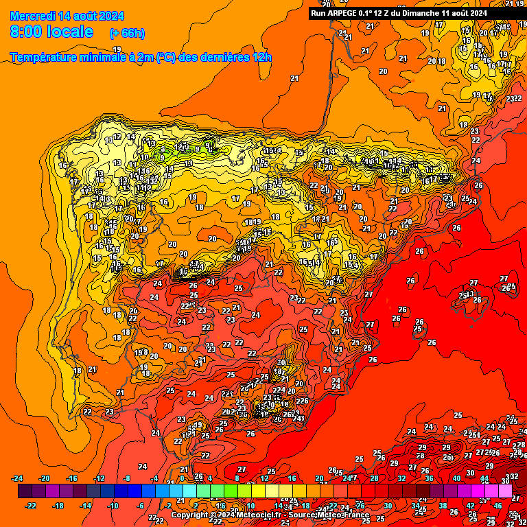 Tempo na Quarta, 14 de Agosto - Um dia de nortada intensa, com o anticiclone a intensificar - mudança a caminho... - Saiba com o que contar! Temperaturas na Quarta 14 de Agosto - previsão ARPEGE
