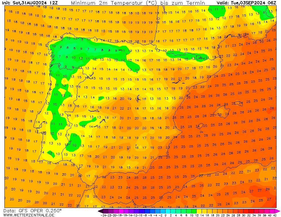 Temperaturas na Terça 3 de Setembro GFS