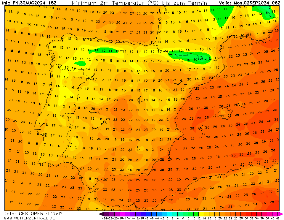 Tempo na Segunda, 2 de Setembro - Muito vento, e as temperaturas continuam a descer - forte nortada - saiba como pode estar na sua região! Temperaturas Segunda, 2 de Setembro - previsão GFS