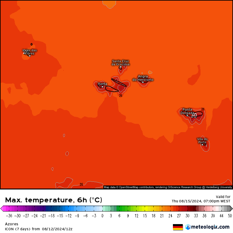 Tempo na Quinta, 15 de Agosto - Temperaturas voltam para perto de 40ºC, depois dos dias mais frescos - Chegará ao litoral? Saiba a nossa previsão completa! Temperaturas nos Açores na Quinta, previsão do modelo ICON