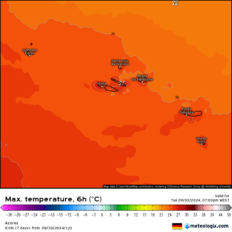 Temperaturas na Terça, 3 de Setembro, nos Açores