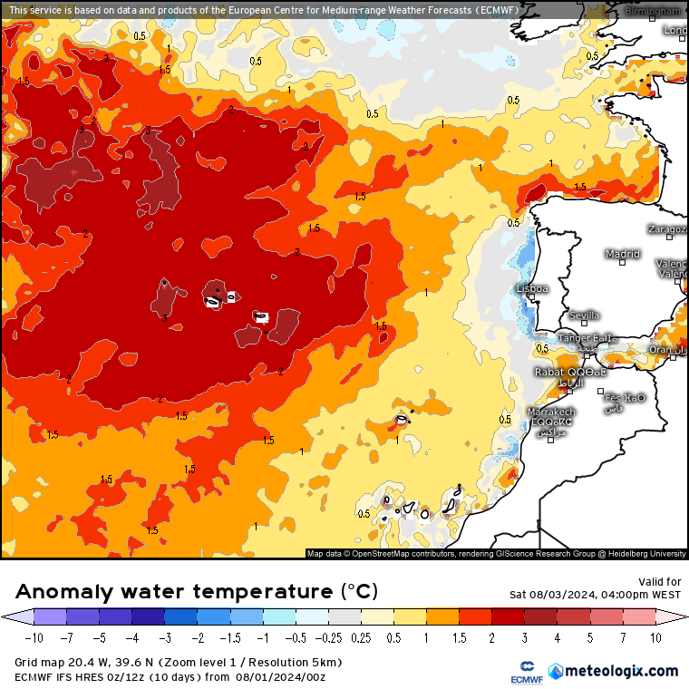 Tempo no Sábado, 3 de Agosto - Forte subida de temperatura, mas não em todas as regiões - saiba como estará o tempo! Anomalia de temperatura da água do mar - Ilhas Sábado 3 de Agosto