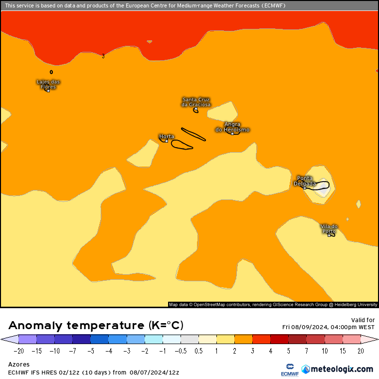Tempo na Sexta, 9 de Agosto - Dorsal Africana do anticiclone - Temperaturas excecionais e poeiras! - saiba como poderá estar na sua região! Tempo Açores Sexta 9 de Agosto - calor - anomalia de temperatura ECMWF