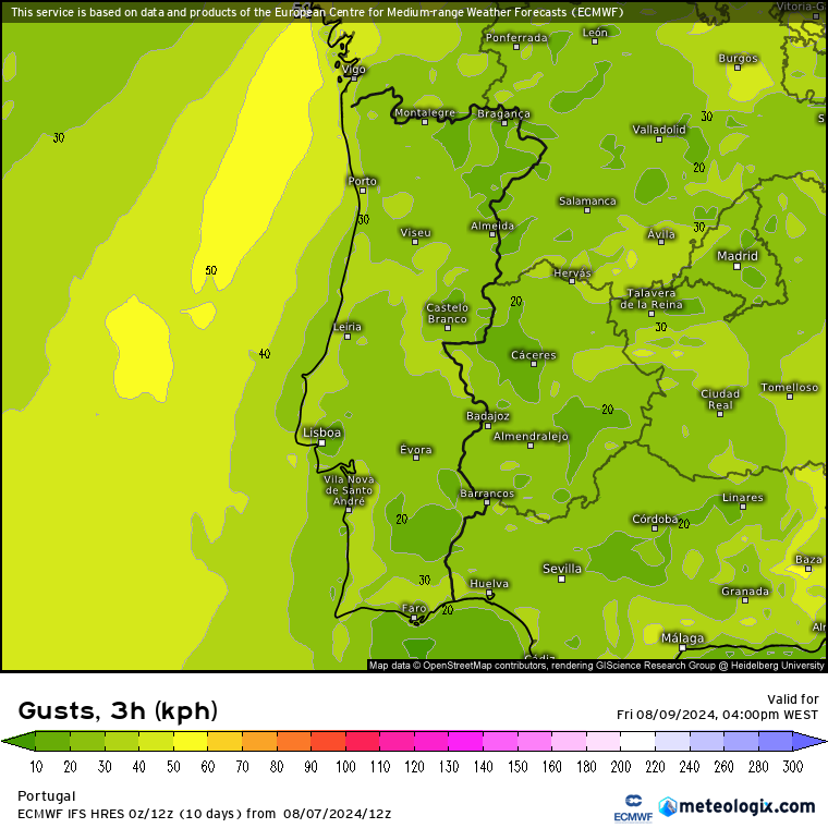Tempo na Sexta, 9 de Agosto - Dorsal Africana do anticiclone - Temperaturas excecionais e poeiras! - saiba como poderá estar na sua região! Rajadas previstas a meio da tarde de Sexta, dia 9 de Agosto