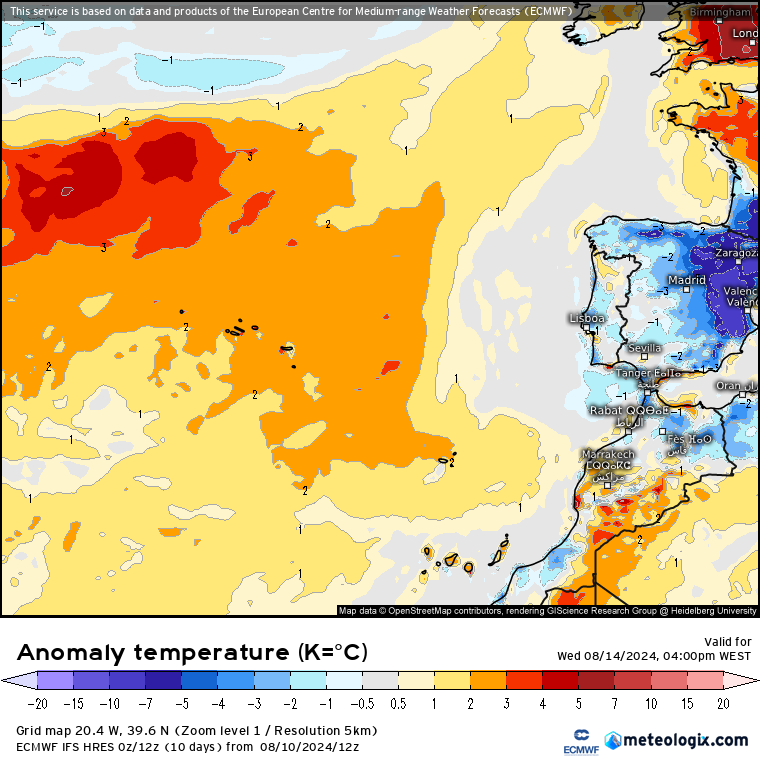 Anomalia de temperatura para Quarta, 14 de Agosto - ECMWF