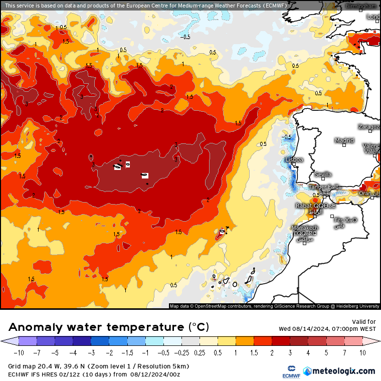 Tempo quente nos Açores 13 a 18 de Agosto - Temperaturas acima de 30ºC e água do mar até 28ºC - tempo excecional, tropical - mas poderá haver risco de alguma tempestade? Tempo quente nos Açores - anomalia de temperatura da água do mar prevista