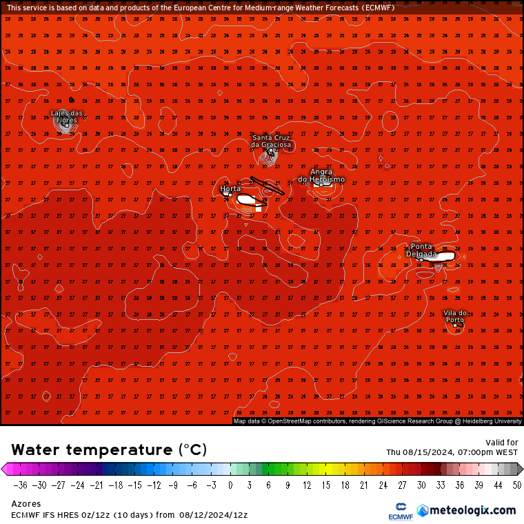 Tempo na Quinta, 15 de Agosto - Temperaturas voltam para perto de 40ºC, depois dos dias mais frescos - Chegará ao litoral? Saiba a nossa previsão completa! Temperatura da água do mar Quinta 15 de Agosto Açores