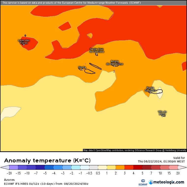 Tempo na Quinta, 22 de Agosto - Temperaturas descem significativamente - Sinais de Outono em aproximação? Saiba a nossa previsão completa! Anomalia de temperaturas previstas nos Açores, Quinta 22 de Agosto, ECMWF