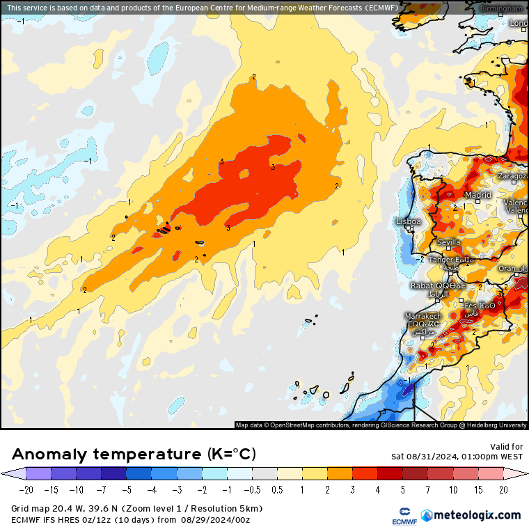 Anomalia de temperatura Sábado 31 de Agosto