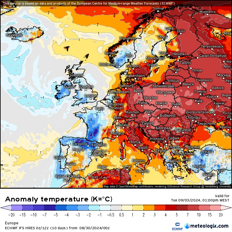 Muito calor na Europa - 3 de Setembro, previsão ECMWF