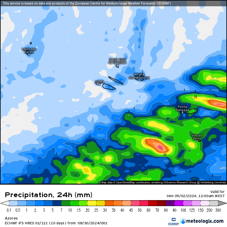 Chuvas nas ilhas Orientais dos Açores - Domingo 1 de Setembro, ECMWF