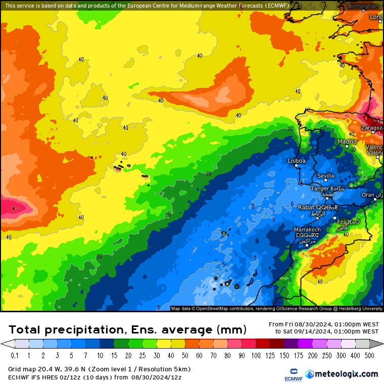 Precipitação prevista até meio de Setembro - modelo ECMWF