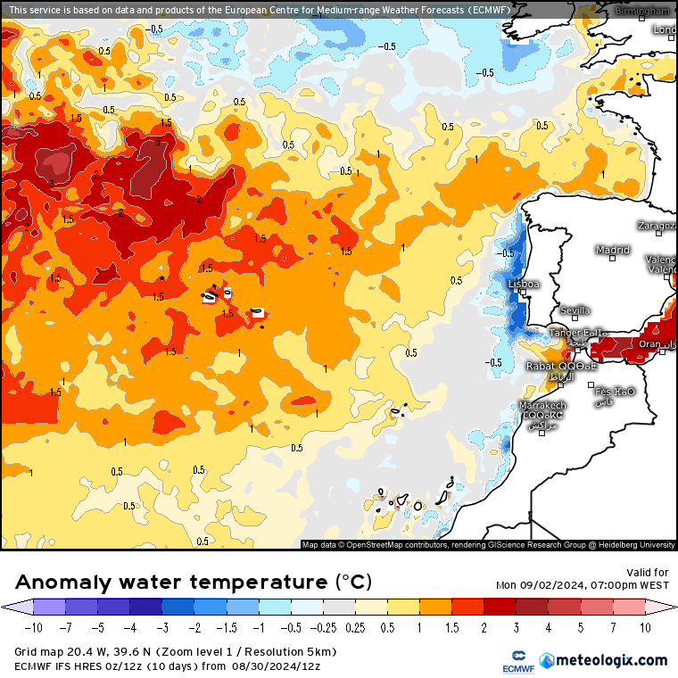 Tempo na Segunda, 2 de Setembro - Muito vento, e as temperaturas continuam a descer - forte nortada - saiba como pode estar na sua região! Anomalia da temperatura da água do mar - previsão ECMWF
