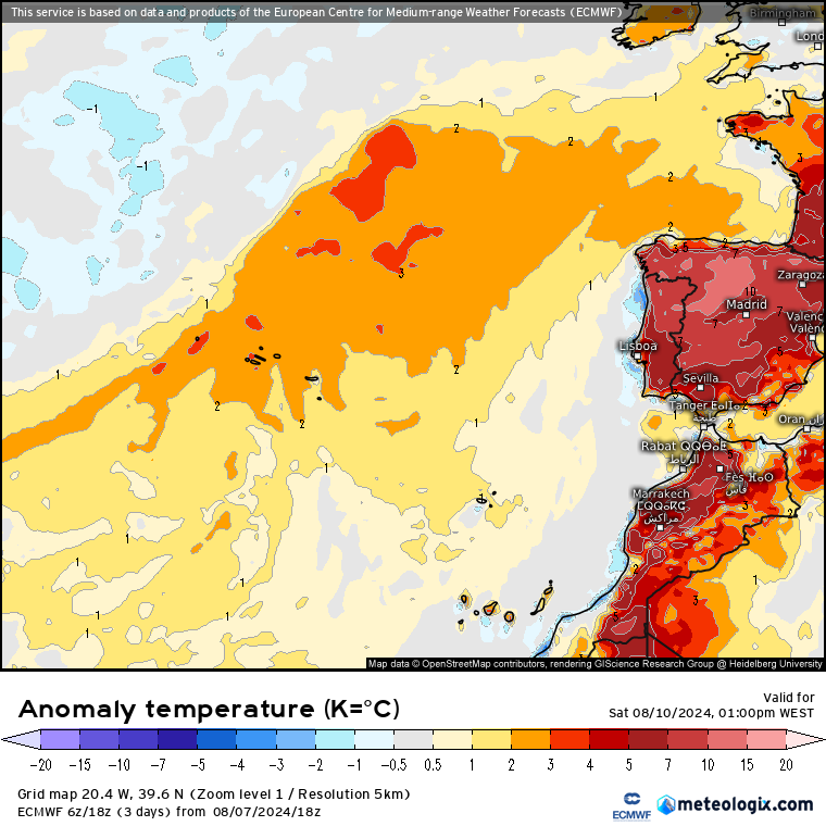 Tempo este fim-de-semana 10-11 de Agosto - Muito calor e poeiras, mas Domingo bem diferente de Sábado - saiba a previsão completa! Tempo no Sábado, muito calor, 10 de Agosto - anomalia de temperatura ECMWF