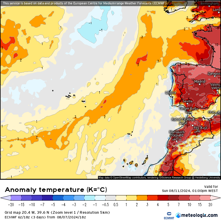 Tempo este fim-de-semana 10-11 de Agosto - Muito calor e poeiras, mas Domingo bem diferente de Sábado - saiba a previsão completa! Anomalia de temperatura no Domingo 11 de Agosto - ECMWF