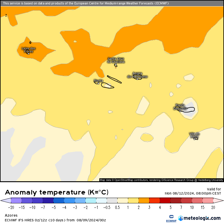 Anomalia de temperatura na Segunda, 12 de Agosto, Açores