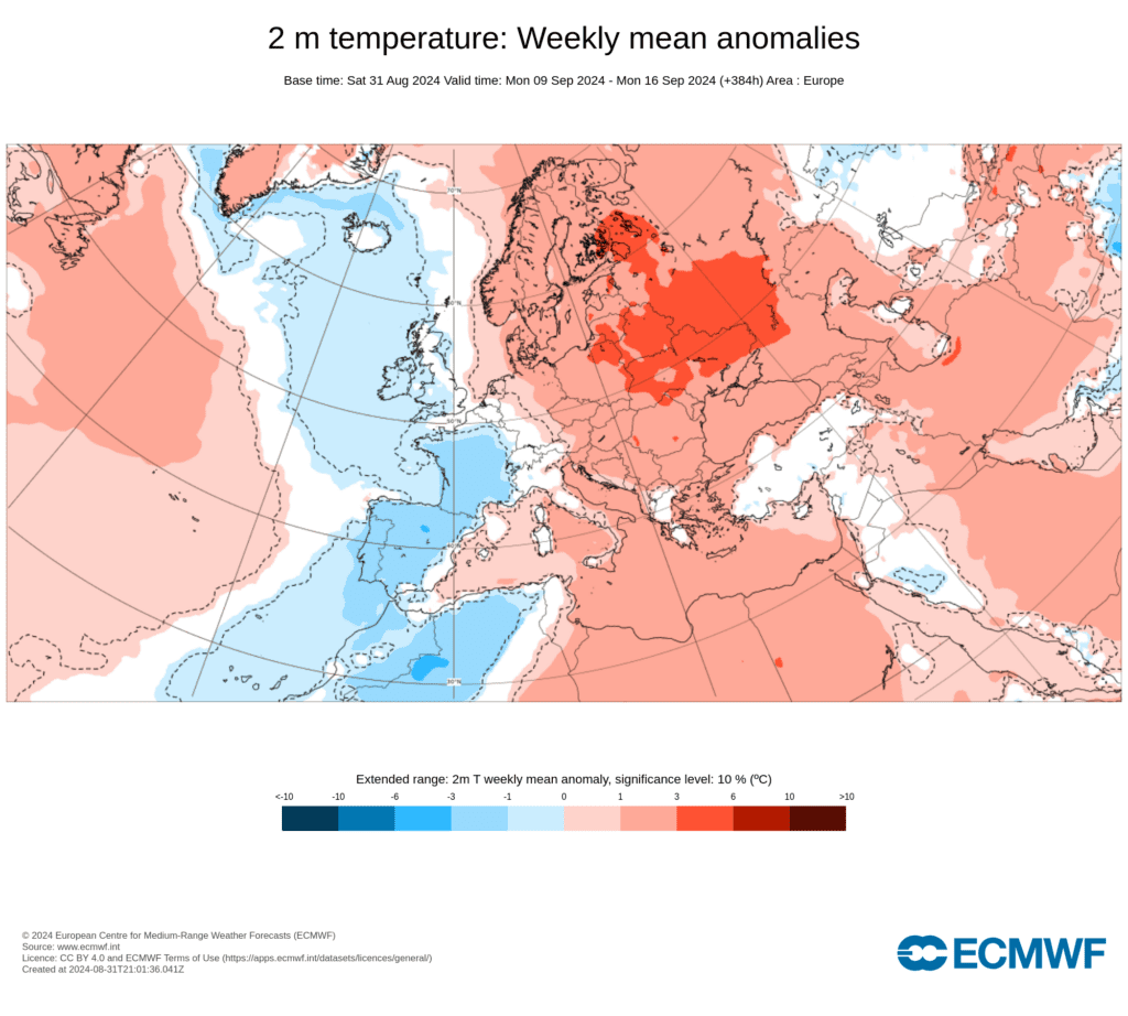 ECMWF - anomalia de temperaturas prevista para 9 a 16 de Setembro