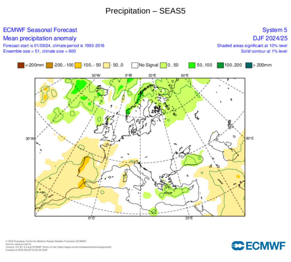 Inverno 2024\2025 - anomalia de precipitação prevista pelo ECMWF
