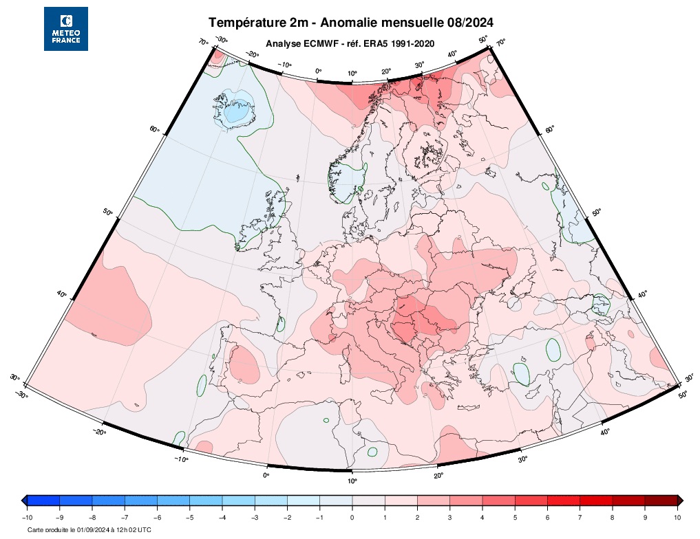 Mau Tempo na Europa, depois do tempo quente, com vento leste a chegar a Portugal dias 4-5 de Setembro - Verão pode chegar ao Oeste uns dias - Saiba a previsão completa Anomalia temperaturas Europa Agosto 2024
