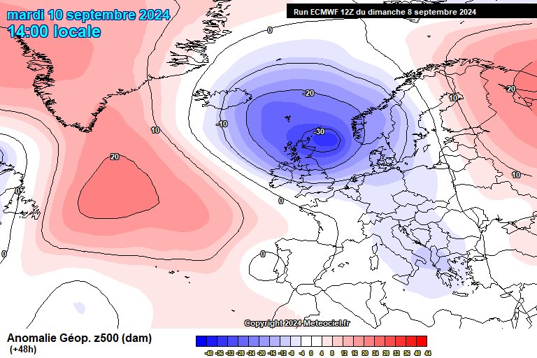 Anomalia de geopotencial ECMWF para Terça-feira 10 de Setembro