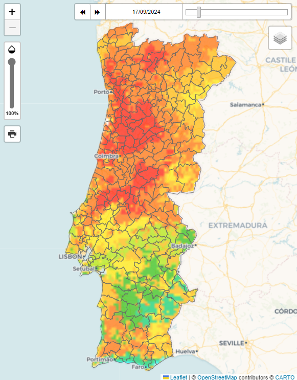 Tempo na Terça, 17 de Setembro - Risco de incêndio extremo, com vento muito forte previsto - saiba a previsão meteorológica completa Probabilidade de extremos - 17-9-2024, fogos