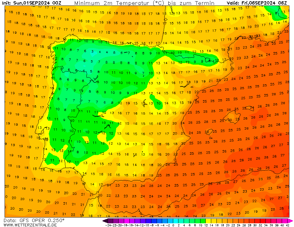 Temperaturas mínimas previstas na SEXTA, 6 de Setembro - fresco no Continente, previsão GFS