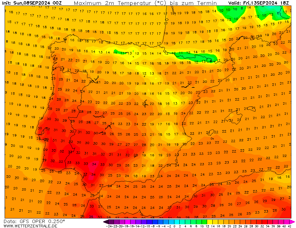 Tempo esta semana - 9 a 15 de Setembro - Duas faces e mudança brusca - nortada muito forte, seguido de lestada e tempo de completo Verão (Regresso aos 40ºC em breve)? Saiba a nossa previsão completa! Máximas Sexta, 13 de Setembro - GFS