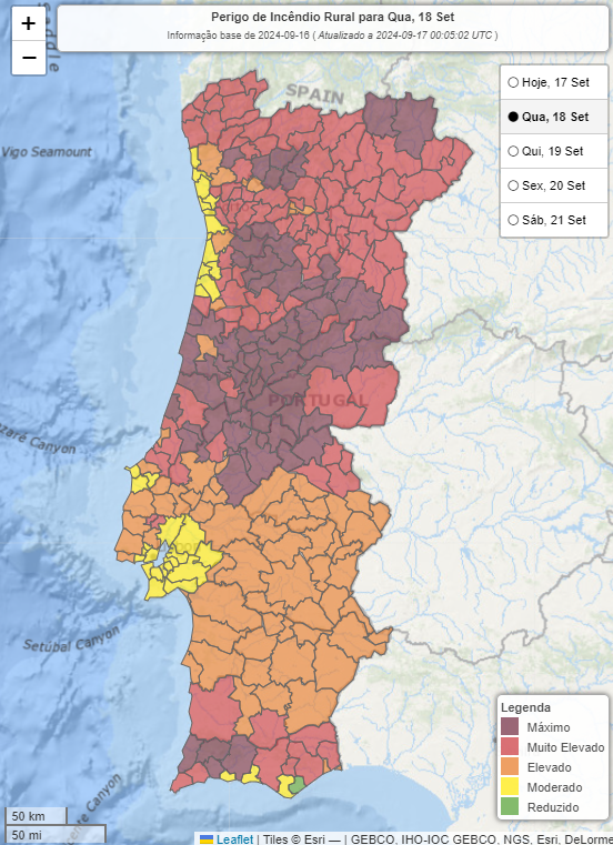 Tempo na Quarta, 18 de Setembro 2024 - Mudança gradual do tempo, mais nuvens e temperaturas em queda - saiba como estará o tempo na sua região! Perigo de incêndio na Quarta, 18 de Setembro - IPMA - Tempo na Quarta, 18 Setembro