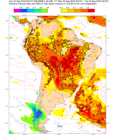 O tempo pelo mundo - Chuvas fortes no Sul de França e Itália nesta segunda, 23 setembro, ciclone tropical a caminho da Florida, e incêndios com temperaturas recorde na América do Sul... Calor localmente recorde na América do Sul - 23 de Setembro 2024