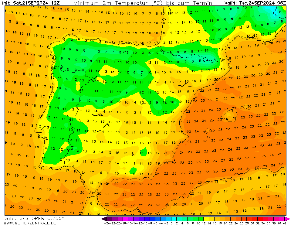 Temperaturas na Terça, 24 de Setembro GFS