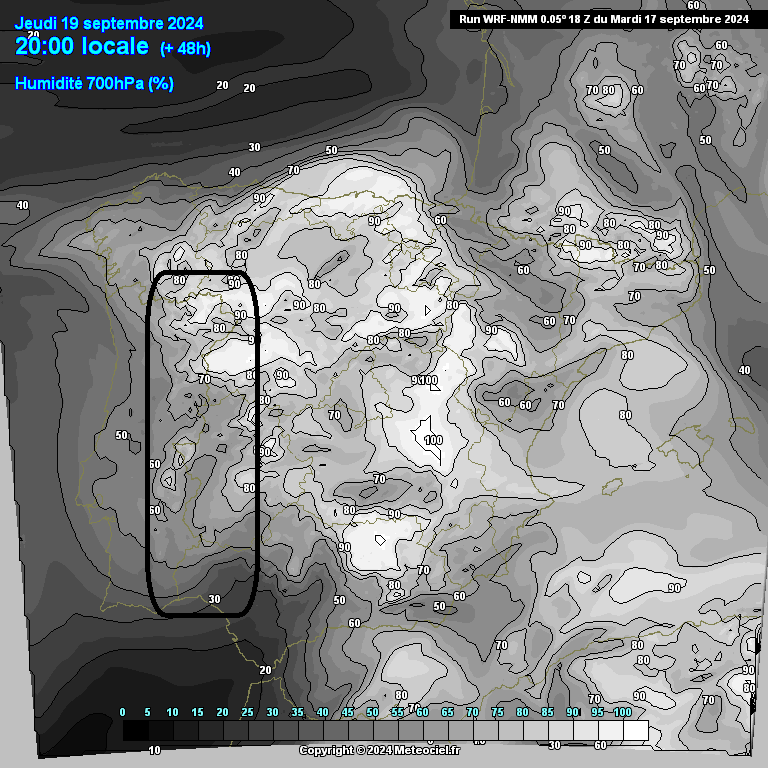 Tempo na Quinta 19 Setembro - humidade a 700hPA WRF