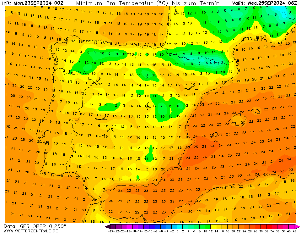 Temperaturas na Quarta, 25 de Setembro - GFS