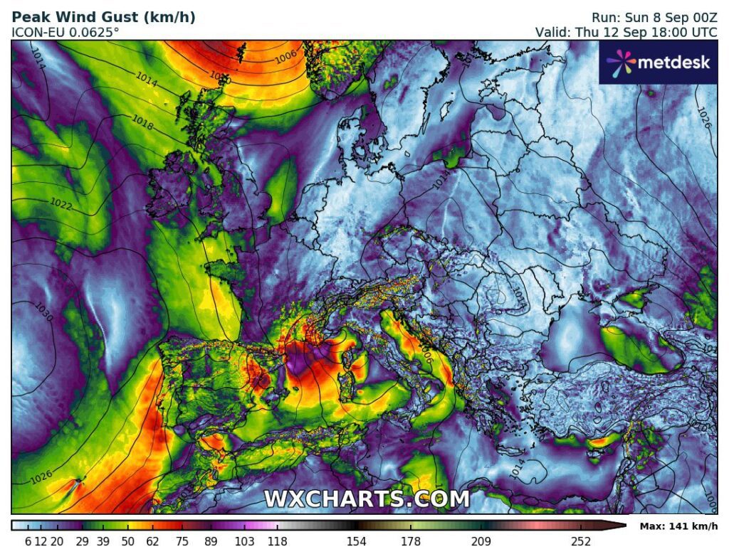 Tempo esta semana - 9 a 15 de Setembro - Duas faces e mudança brusca - nortada muito forte, seguido de lestada e tempo de completo Verão (Regresso aos 40ºC em breve)? Saiba a nossa previsão completa! Vento forte, tanto em Portugal Continental como Madeira, na Quinta, dia 12 de Setembro - previsão ICON-EU