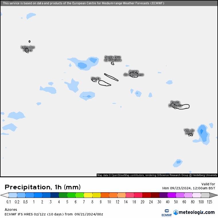 Precipitação \ chuva nos Açores na Segunda 23 de Setembro